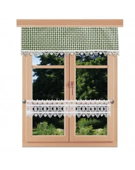 Querbehang Leni grün kariert mit Plauener Spitze am Fenster kombiniert mit Feenhausgardine Leni