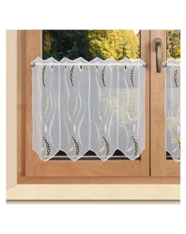 Bestickte Kurzgardine Valerie weiß-beige Plauener Spitze an einem Fenster