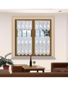 Moderne Scheibengardine gestickt mit Blatt-Ornamenten weiss Plauener Spitze 2 Höhen