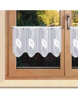 Moderne Scheibengardine gestickt mit Blatt-Ornamenten weiss Plauener Spitze 2 Höhen