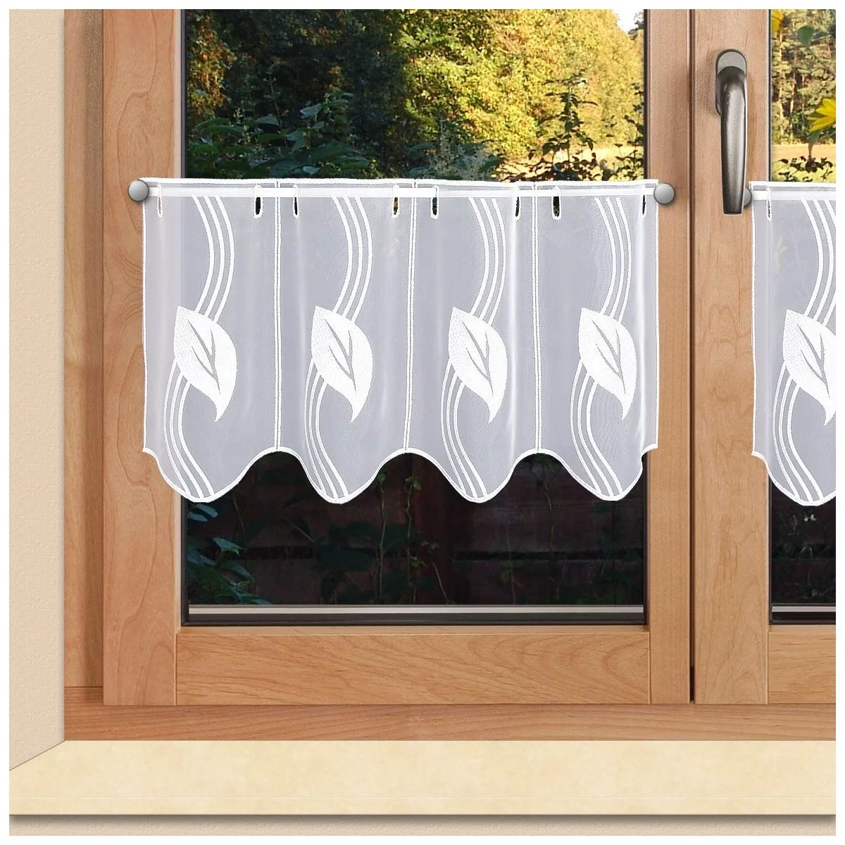 Moderne Scheibengardine gestickt mit Blatt-Ornamenten weiss Plauener Spitze 2 Höhen