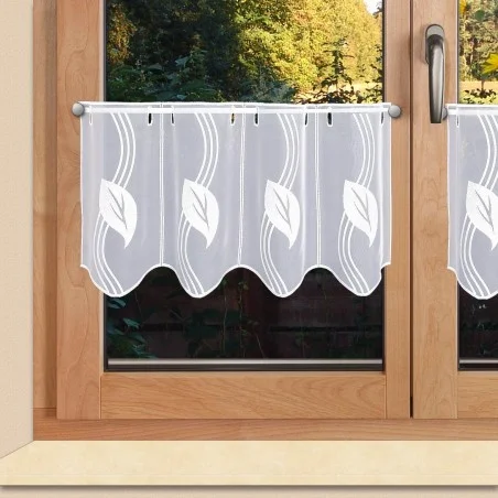 Moderne Scheibengardine gestickt mit Blatt-Ornamenten weiss Plauener Spitze 2 Höhen