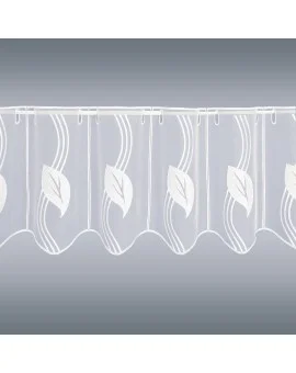 Moderne Scheibengardine gestickt mit Blatt-Ornamenten weiss Plauener Spitze 2 Höhen