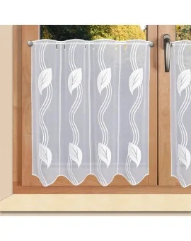 Moderne Scheibengardine gestickt mit Blatt-Ornamenten weiss Plauener Spitze 2 Höhen