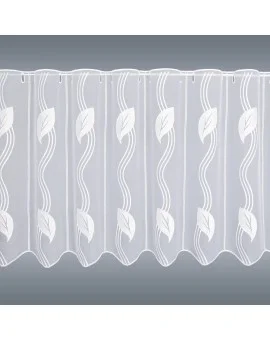 Moderne Scheibengardine gestickt mit Blatt-Ornamenten weiss Plauener Spitze 2 Höhen
