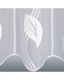 Moderne Scheibengardine gestickt mit Blatt-Ornamenten weiss Plauener Spitze 2 Höhen