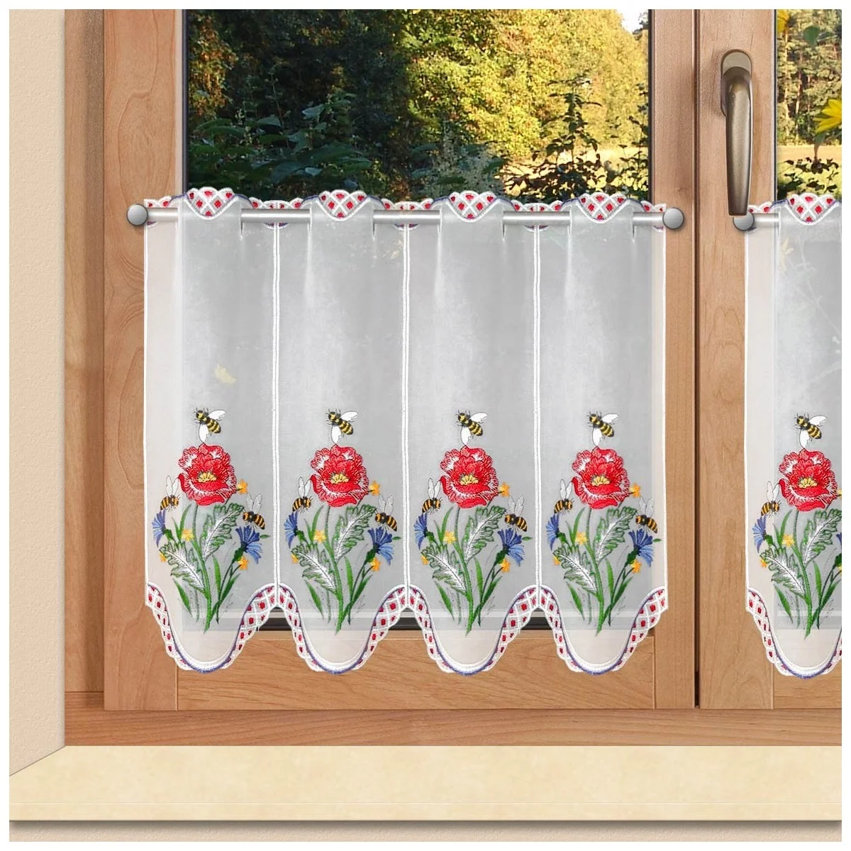 Scheibengardine "Bienchen" Plauener Spitze® Kurzstore 7335 weiß mit Stickerei