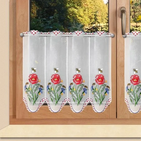 Scheibengardine "Bienchen" Plauener Spitze® Kurzstore 7335 weiß mit Stickerei