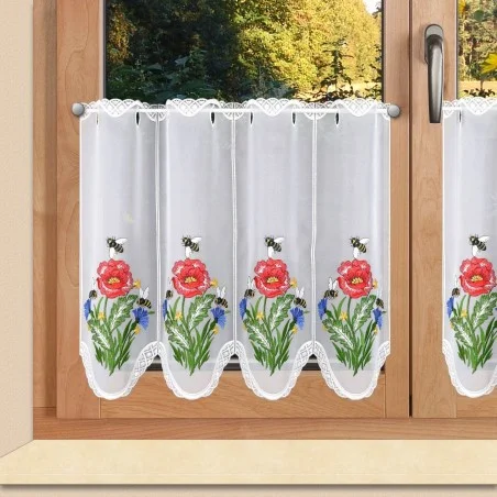 Scheibengardine Biene Echte Plauener Spitze Kurzstore 7335W weiß mit Stickerei