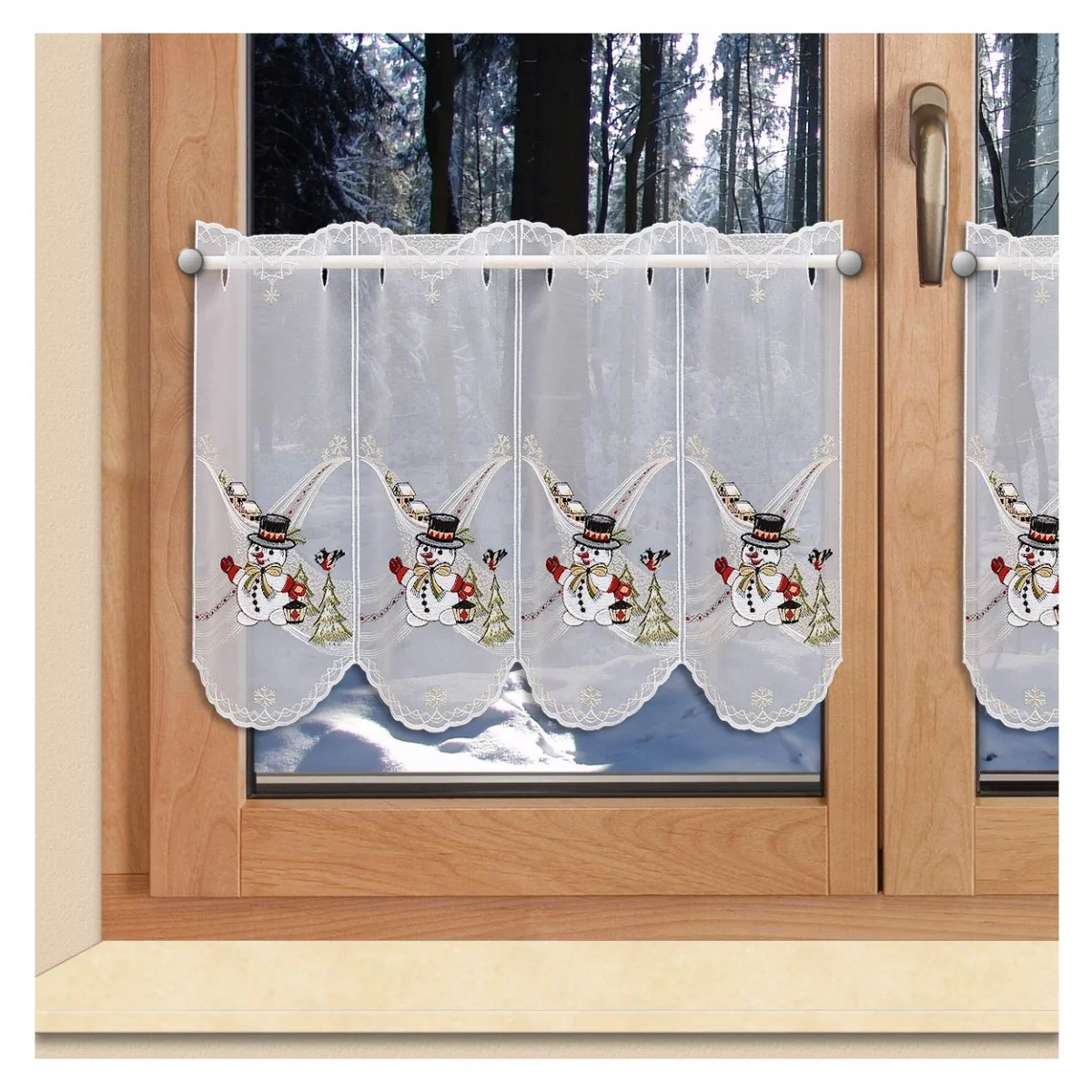 Scheibengardine fröhlicher Schneemann mit Vögelchen am Fenster