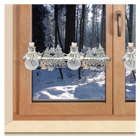 Feenhaus-Spitzengardine Winterwald mit Schneemann am Fenster