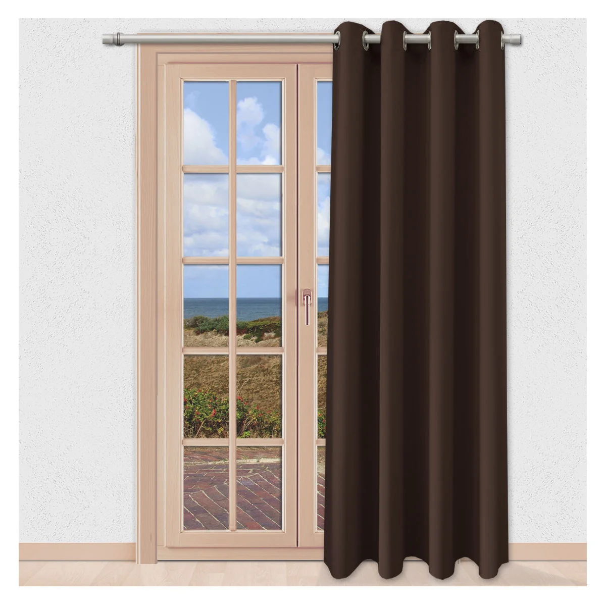 Verdunklungs-Vorhang Mattis braun Ösenschal Sunout Fertiggardine an einem bodentiefen Fenster