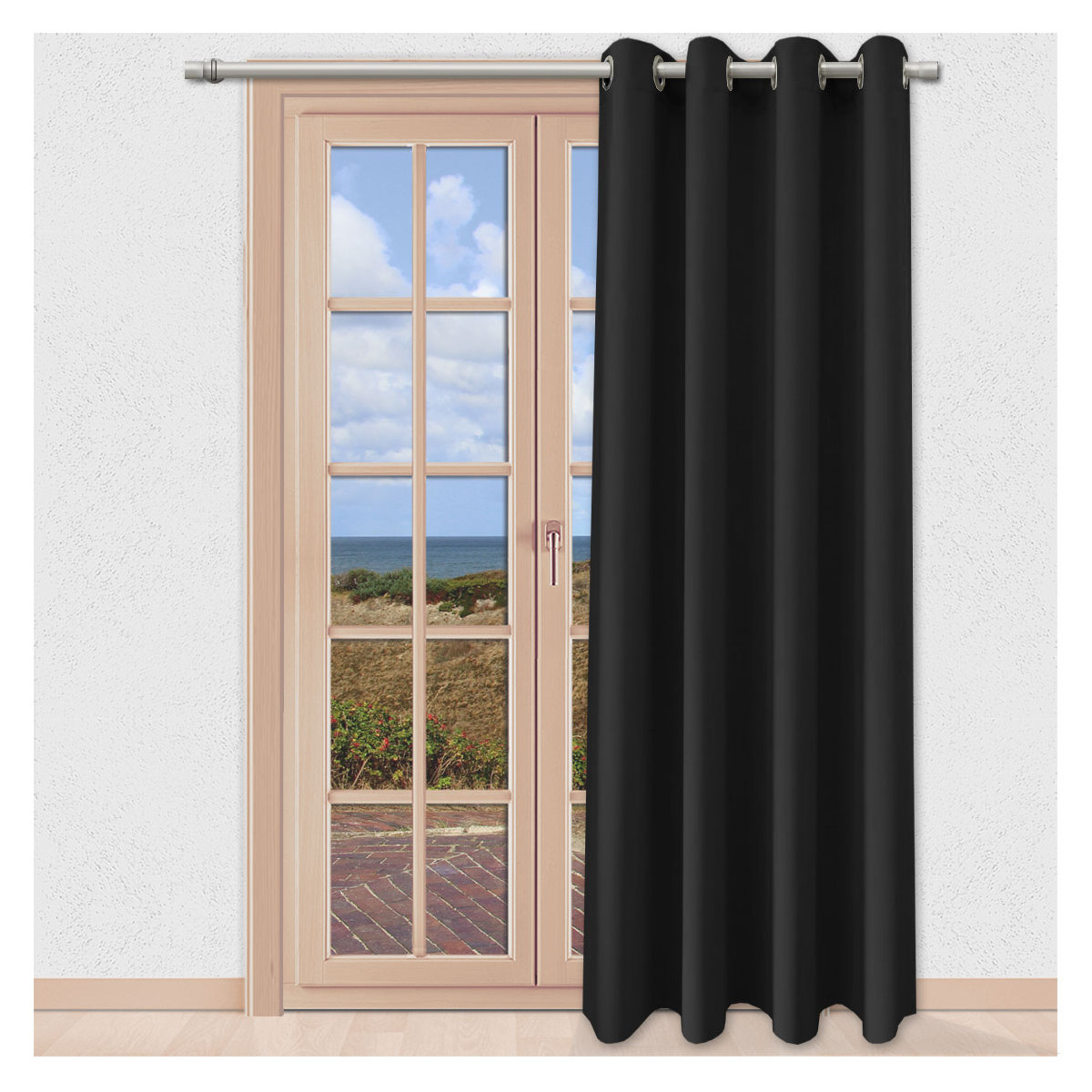 Verdunklungs-Vorhang Mattis Schwarz Ösenschal Sunout Fertiggardine an einem Balkon-Fenster