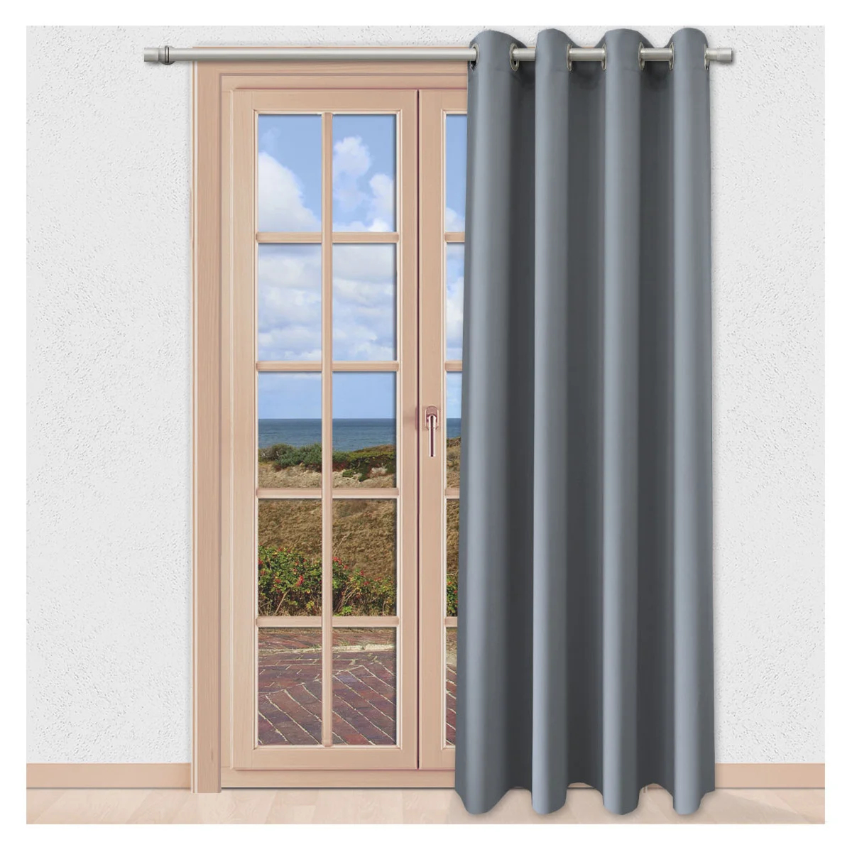 Verdunklungs-Vorhang Mattis grau Ösenschal Sunout Fertiggardine an einem Terrassen-Fenster