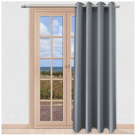 Verdunklungs-Vorhang Mattis grau Ösenschal Sunout Fertiggardine an einem Terrassen-Fenster
