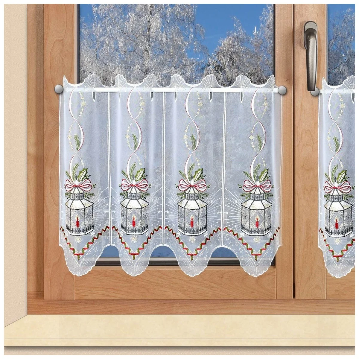 Weihnachts-Scheibengardine "Laterne" Wintergardine Plauener Stickerei