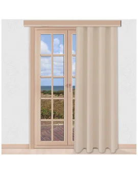 Verdunklungs-Vorhang Mattis Hellbeige mit Reihband Sunout Fertiggardine an einem Terrassenfenster