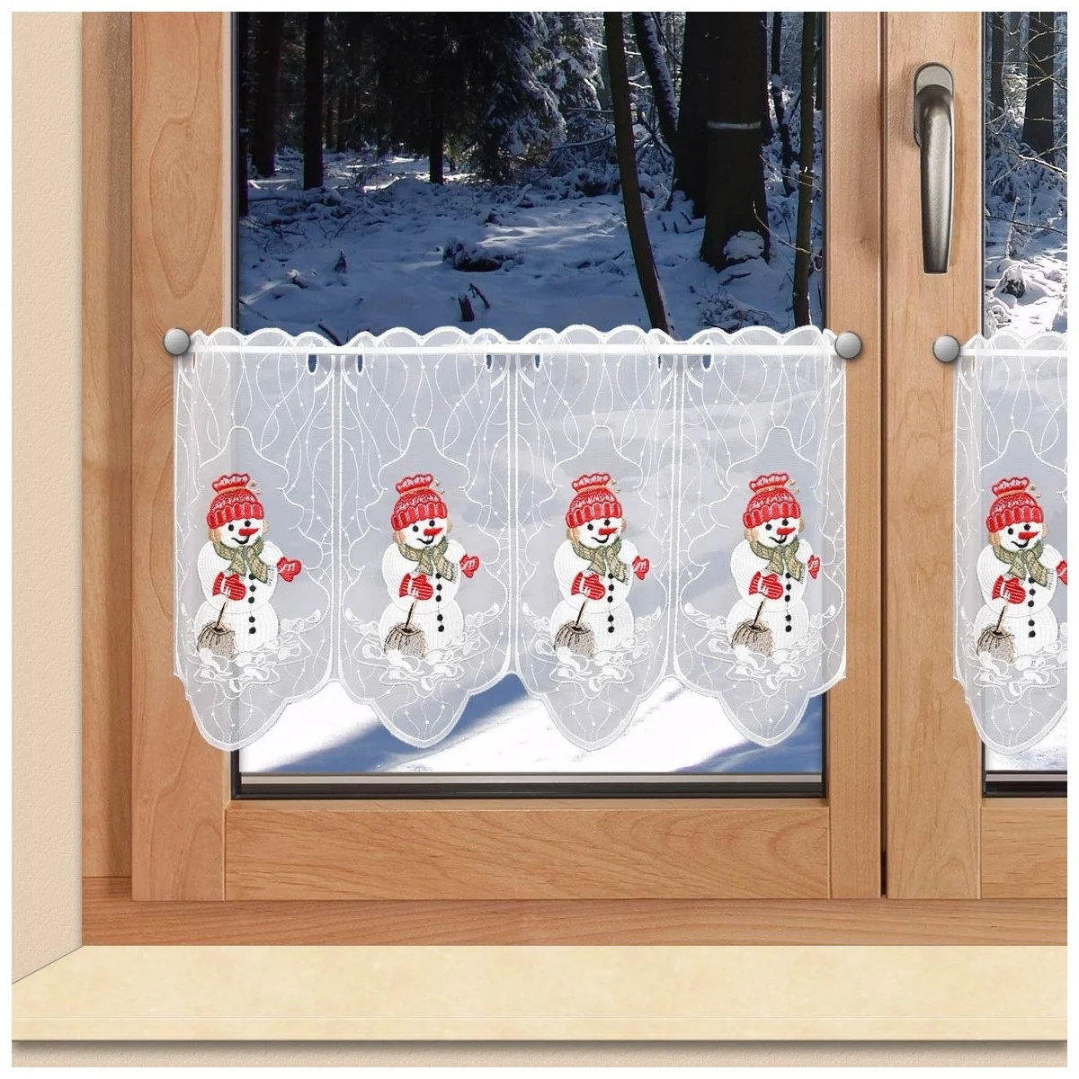 Wintergardine "Schneemann mit Besen" Weihnachts-Panneau Plauener Stickerei