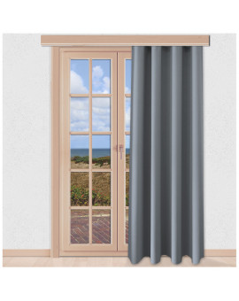 Verdunklungs-Vorhang Mattis Grau mit Reihband Sunout Fertiggardine an einem bodentiefen Fenster