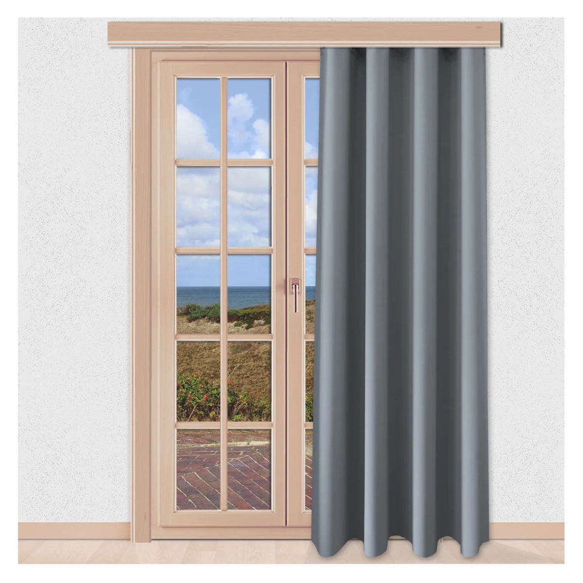 Verdunklungs-Vorhang Mattis Grau mit Reihband Sunout Fertiggardine an einem bodentiefen Fenster