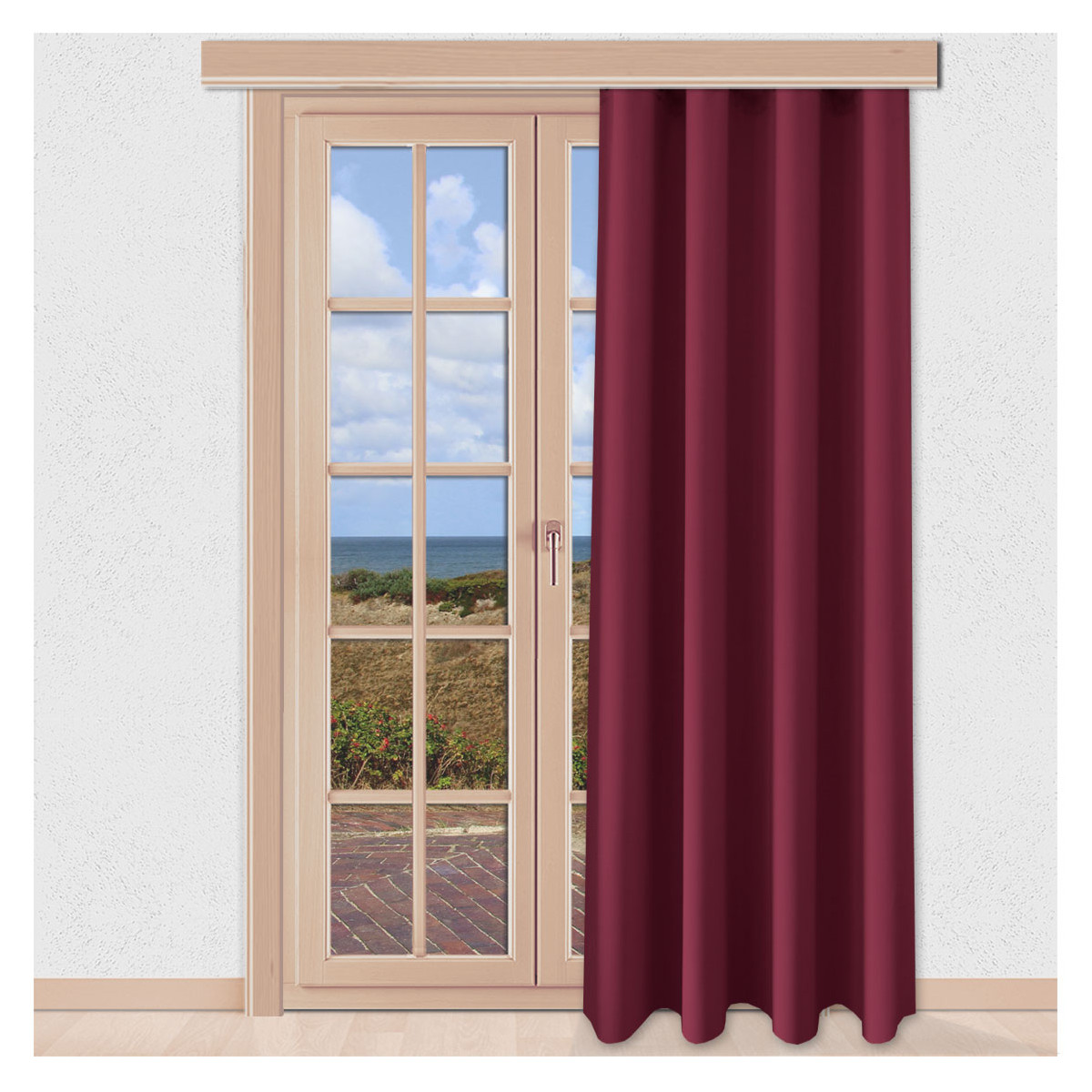 Verdunklungs-Vorhang Mattis Weinrot mit Reihband Sunout Fertiggardine am Fenster
