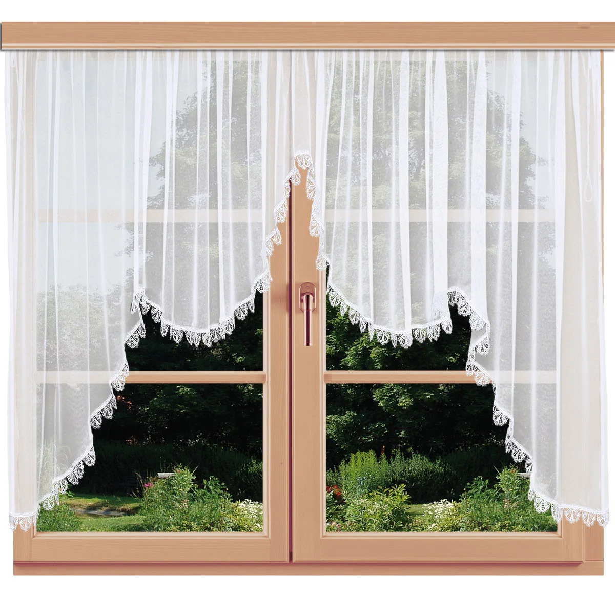 Blumenfenster-Store Carolina mit Plauener Spitze an einem Fenster