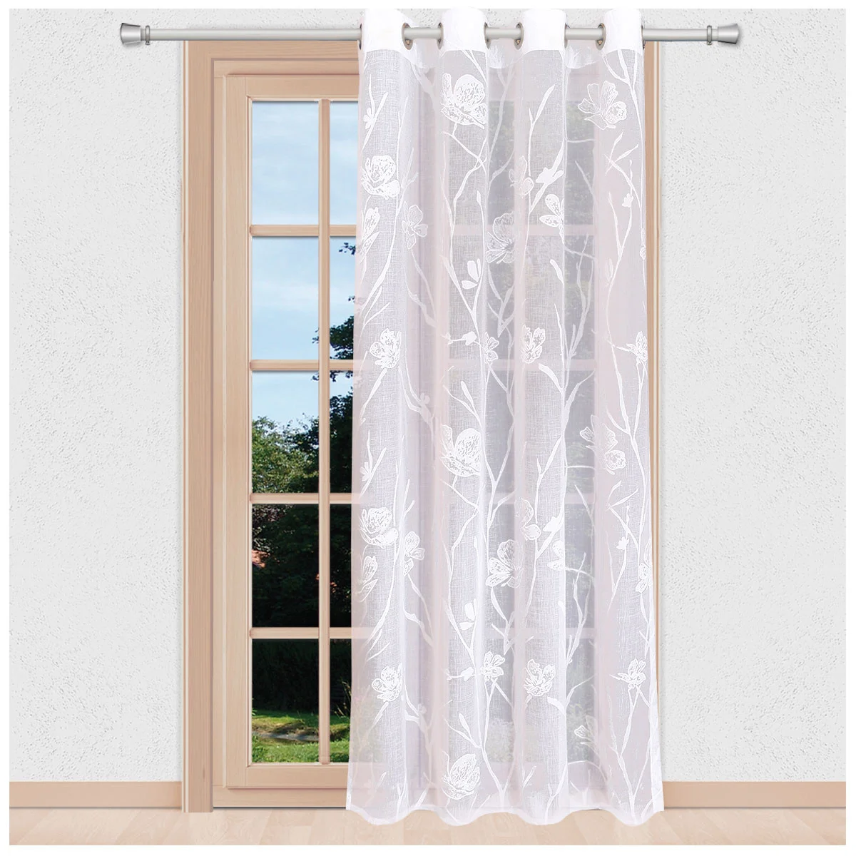 Langstore Rory in weiß leichter halbtransparenter Fertigstore mit Blumen-Muster Ösenschal