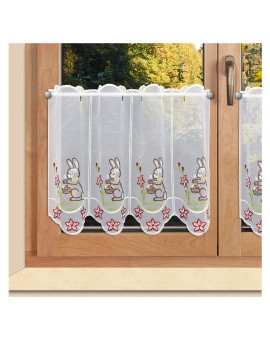 Scheibengardine Osterhase mit Körbchen und Blumen Plauener Spitze an einem Fenster