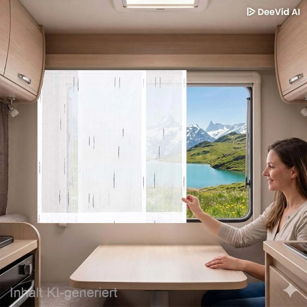 Im Inneren eines Wohnmobils zieht eine Frau den Vorhang „Caravan-Schiebegardine Alva weiß-anthrazit“ zu, um mehr Privatsphäre zu schaffen, während durch das Fenster Berge und ein See zu sehen sind.