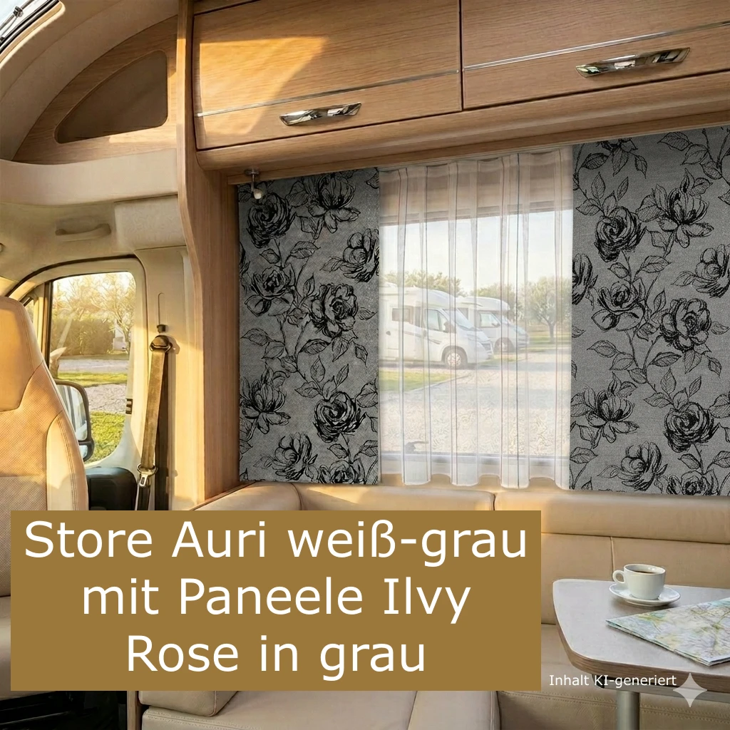 Wohnwagen Store AURI weiß-grau / anthrazit Komplettansicht