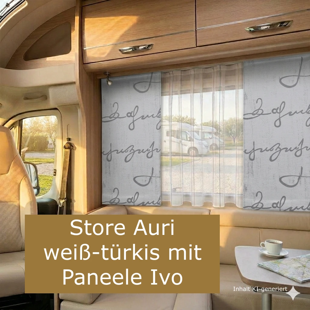 Wohnwagen Store AURI weiß-türkis am Fenster