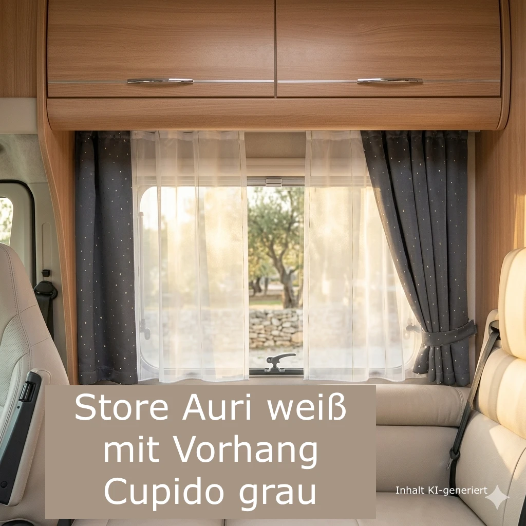 Der Innenraum des Wohnmobils zeigt ein Fenster mit Gardinen des Wohnwagen Store AURI weiß und dunkelgrauen, sternförmigen Vorhängen. Der Raum ist mit hellbeigen Sitzen und Holzschränken ausgestattet. In der unteren linken Ecke des Bildes ist ein deutscher Text eingeblendet.