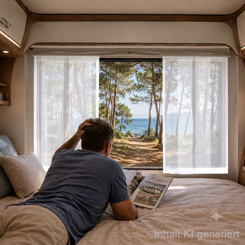 Sonnenlicht strömt durch die Lykke Sablé-Schiebegardine und beleuchtet einen Mann, der auf dem Bett seines Wohnwagens liest, während sich vor dem Fenster ein ruhiger Blick auf das Meer bietet.