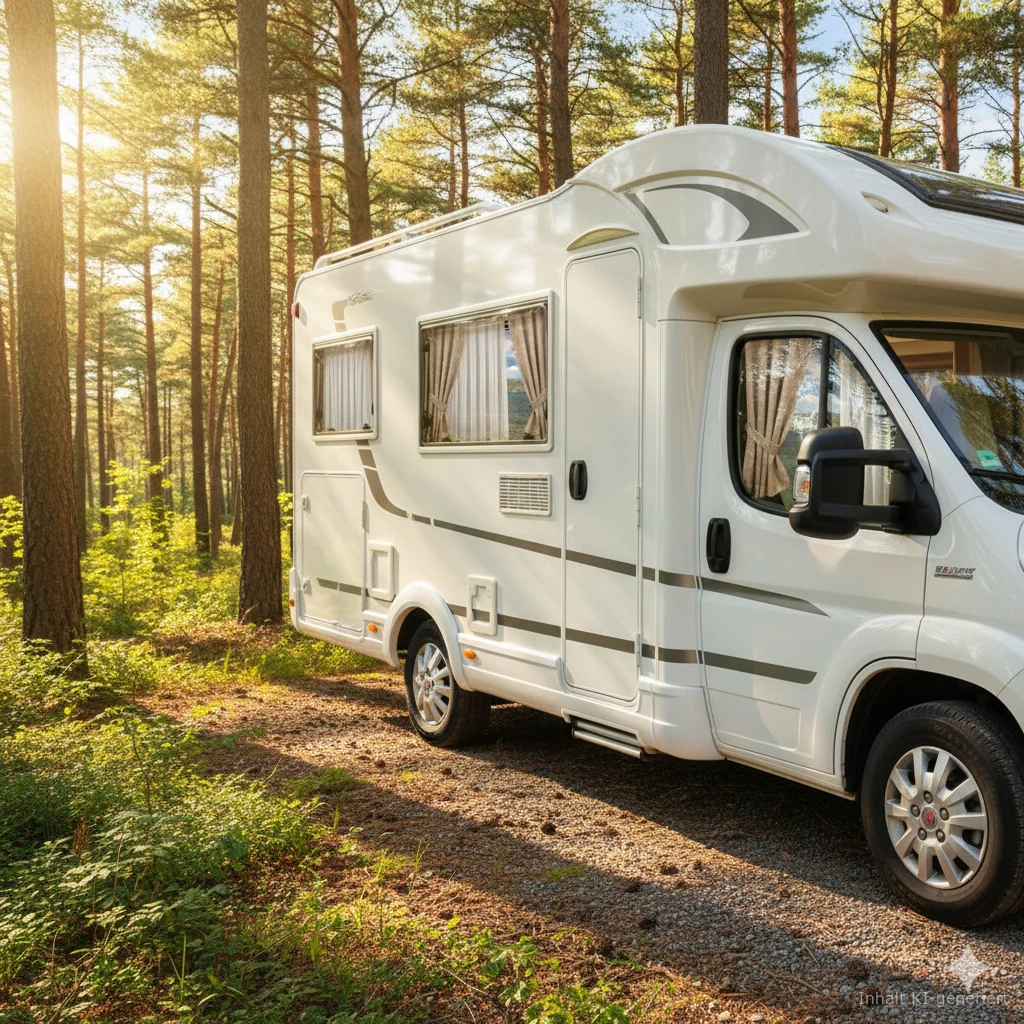 Wohnmobil mit neuen Wohnmobil-Gardinen auf einem Stellplatz am Waldrand