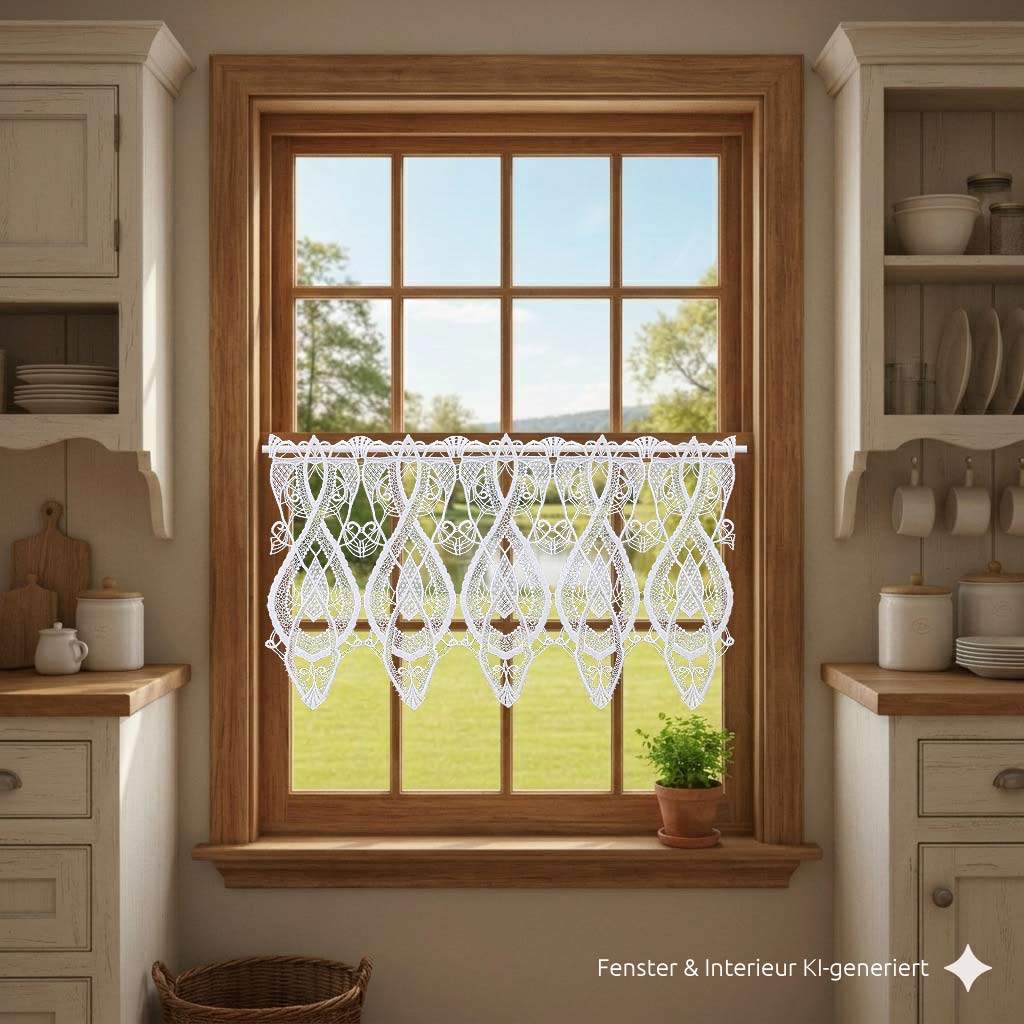 Die Gestickte Scheibengardine Alisa Luftspitze Panneaux aus Plauener Spitze ist in einer Küche mit einem Fenster mit Holzrahmen angebracht. Darunter sind weiße Schränke, Gläser und Teegeschirr angeordnet, die von natürlichem Licht erhellt werden. Außerhalb des Fensters ist Grünzeug zu sehen.