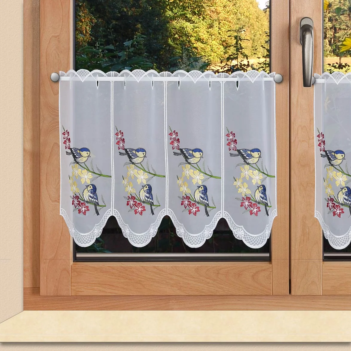 Scheibengardine Vögel auf Blumenzweig